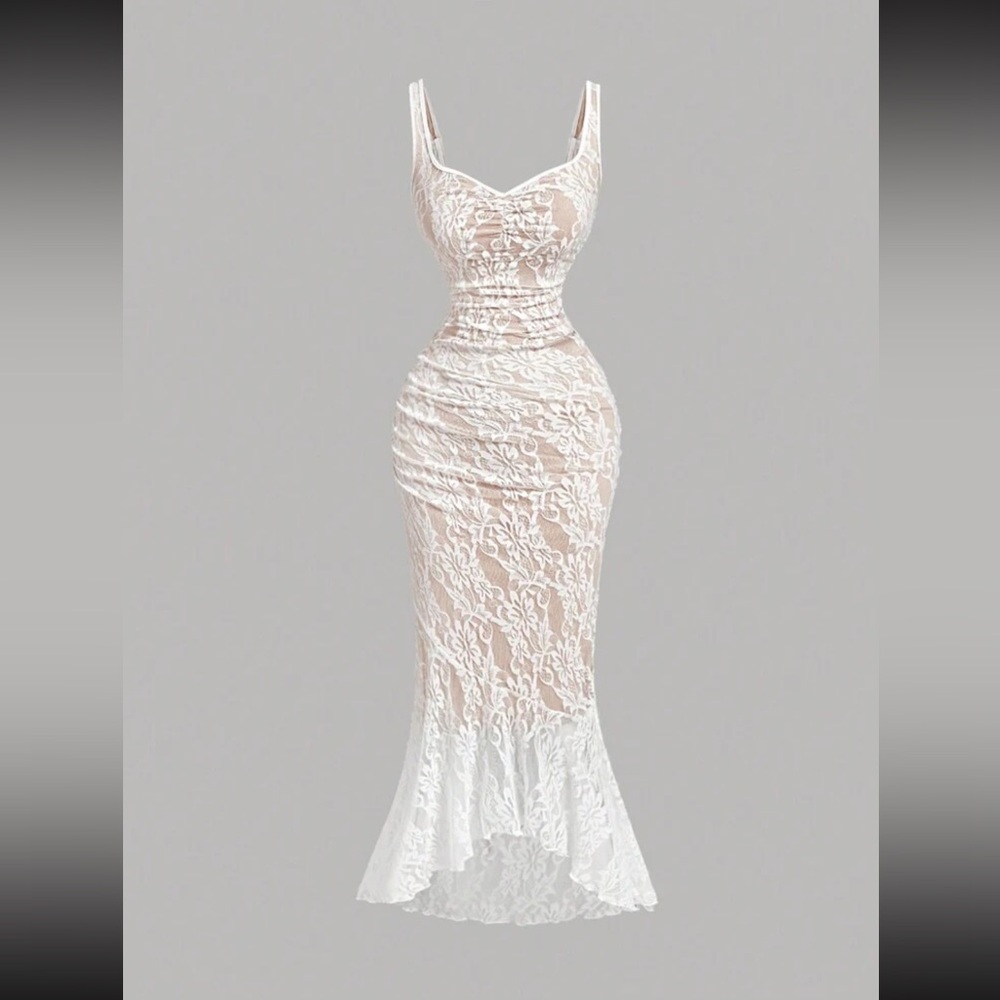 Elegant White Lace Dress W/ nude slip